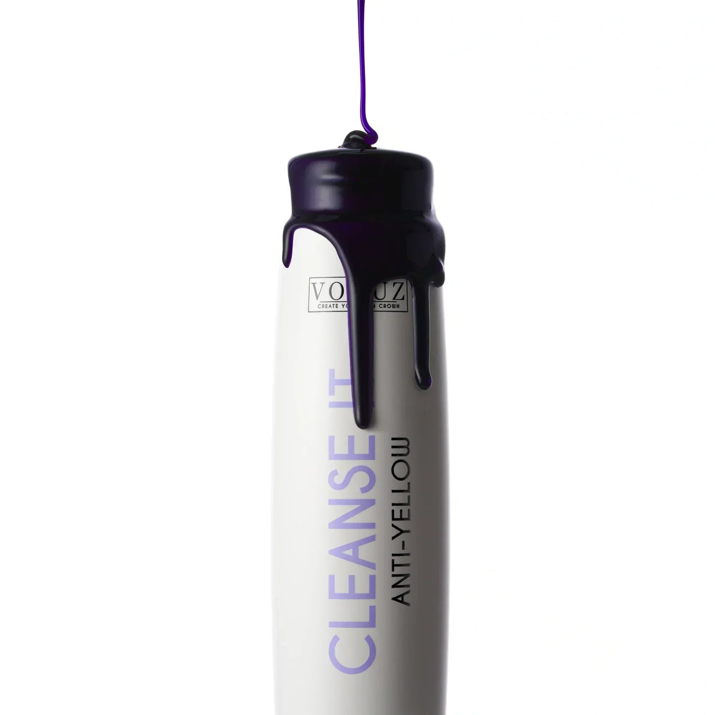 Creative image of a bottle of Voduz Cleanse It Anti Yellow - Purple Shampoo against a white background 