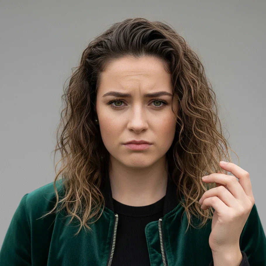 A square, close-up photo of a young Irish woman with a frustrated and unhappy expression. Her gaze is directed at the camera. She has wavy, brown hair with visibly greasy roots and dry, frizzy ends. The background is a plain, neutral-colored studio wall.