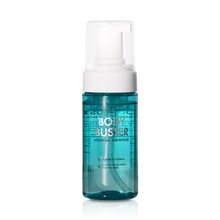 Blue bottle of Voduz Body Buster with white pump on a white background