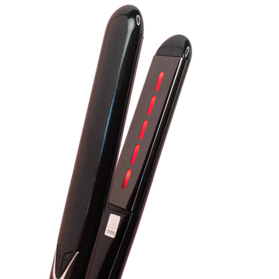 Voduz black infrared hair straightener with red accents on a white background