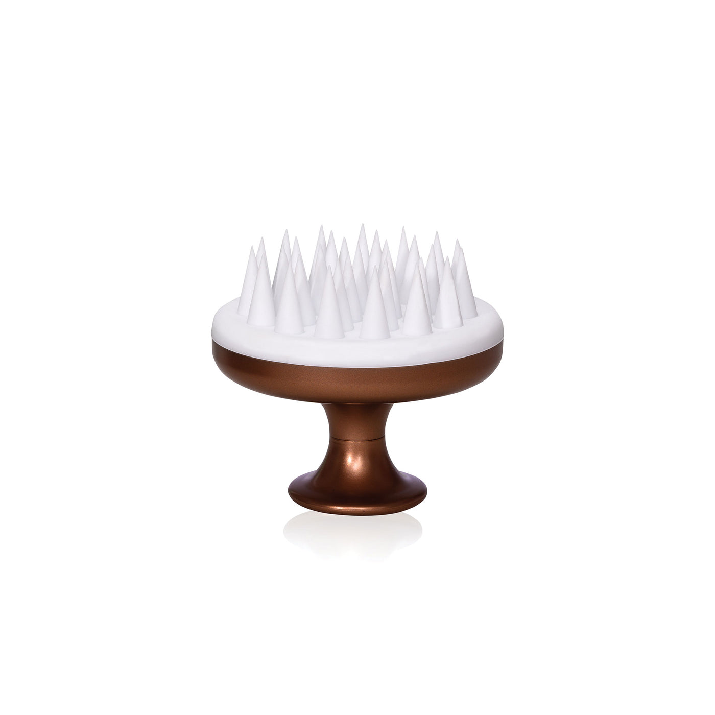 Scalp hairbrush with white bristles on a bronze colour base against a white background