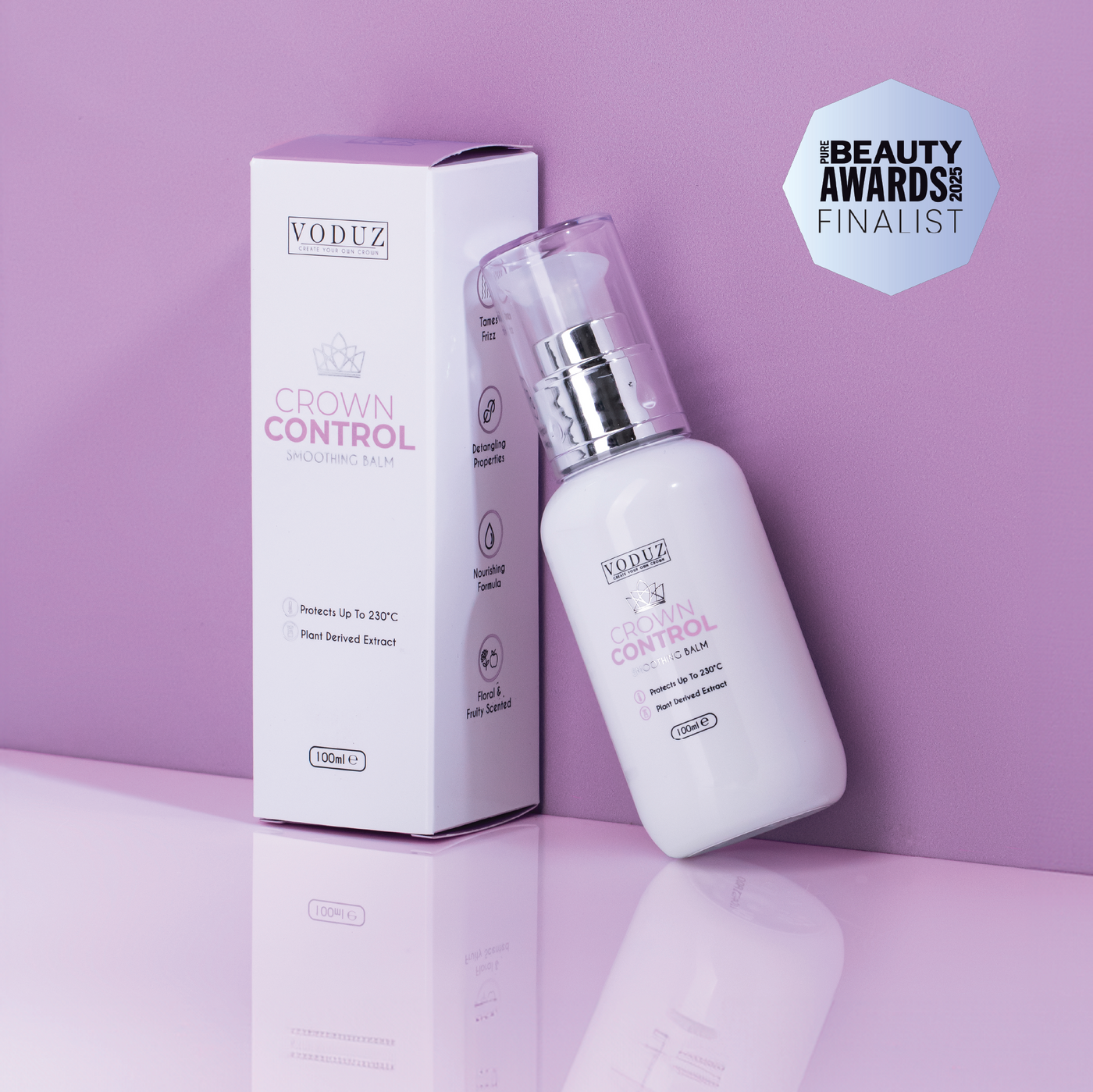 Voduz Crown Control bottle and box on a purple background with a 'PURE UK BEAUTY AWARDS 2025 FINALIST' Awards Badge.