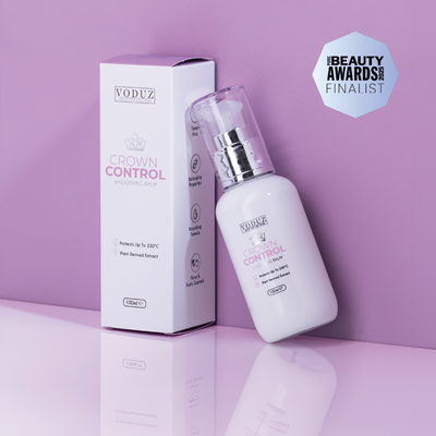 Voduz Crown Control bottle and box on a purple background with a 'PURE UK BEAUTY AWARDS 2025 FINALIST' Awards Badge.