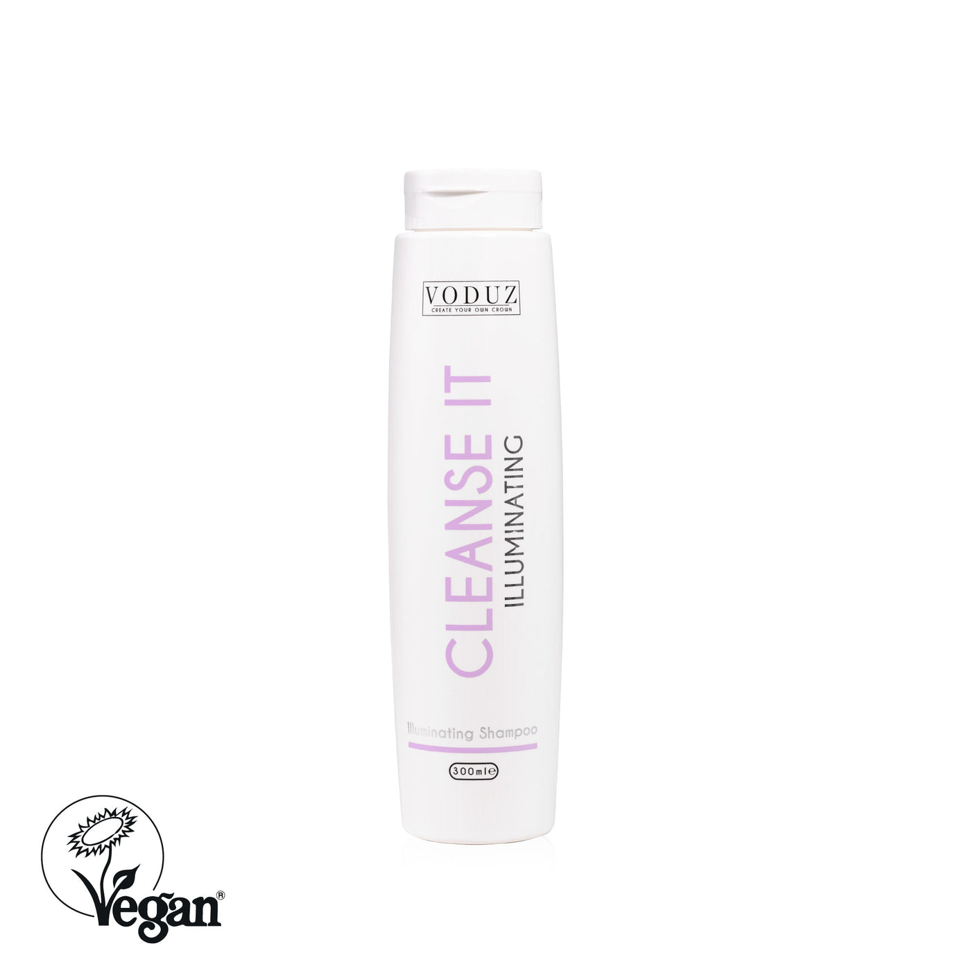 Shampoo bottle labeled 'CLEANSE IT' by Voduz on a white background with Vegan logo