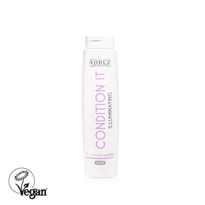 Voduz Condition It Illuminating conditioning bottle on a white background with Vegan logo.