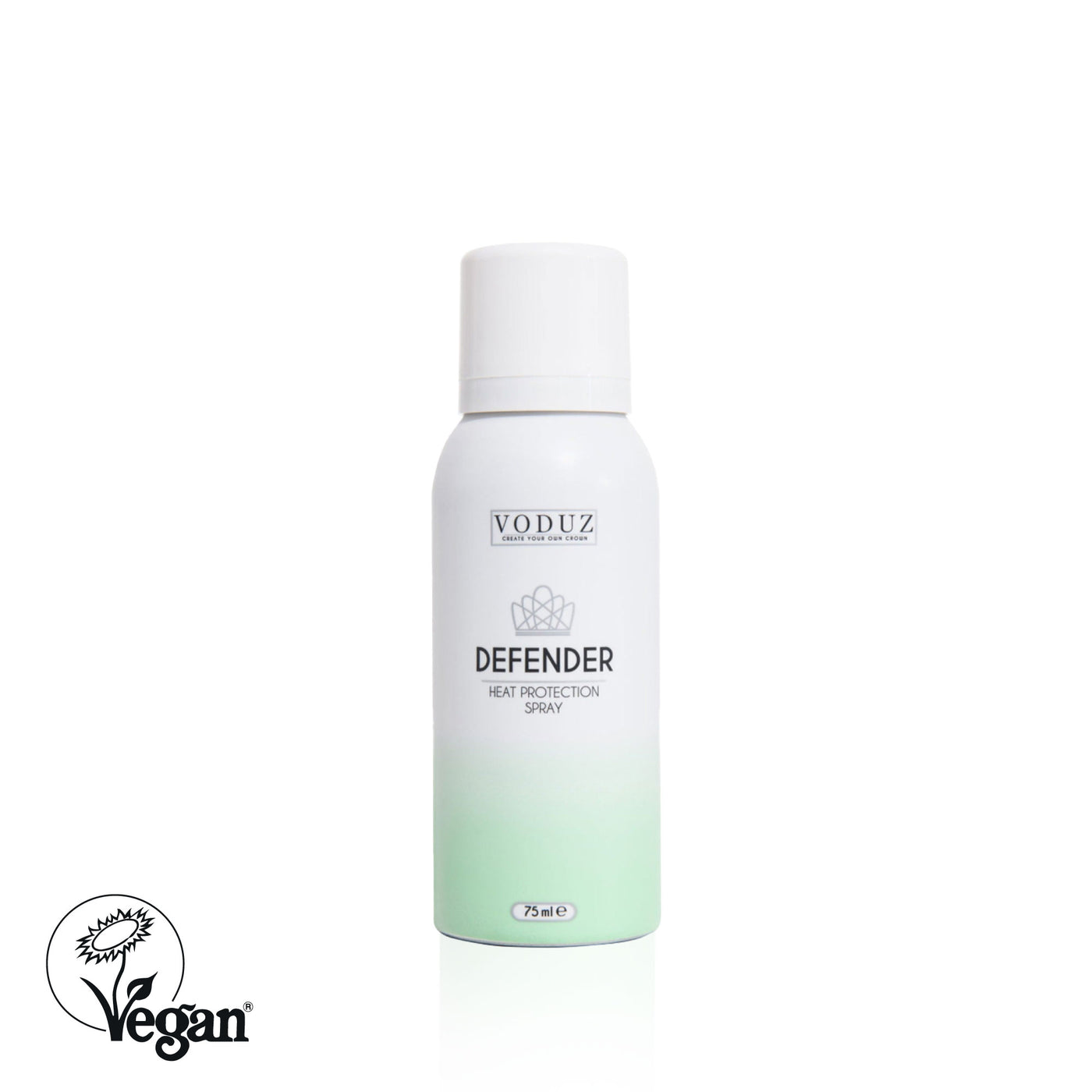A can of Voduz Defender Heat Protection Spray 75ml, primarily in white and green color, with text and branding with Vegan Society Label.