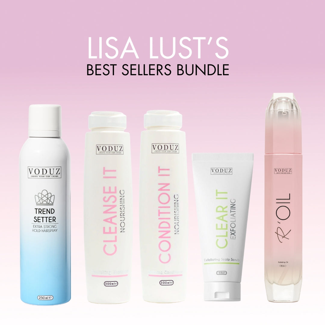 Voduz hair care products with 'Lisa Lust's Best Sellers Bundle' text on a pink background
