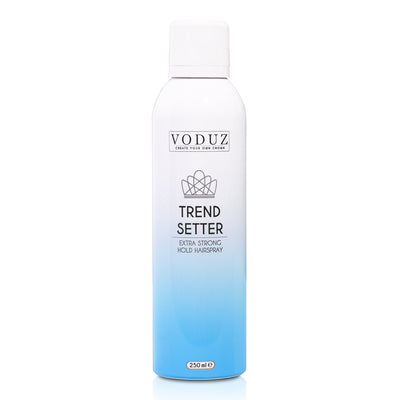 A can of 'Trend Setter' Extra Strong Hold Hairspray by VODUZ with a volume of 250ml on white background and shadow of the bottle