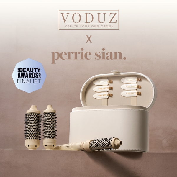 Voduz hair styling tool set with 'perrie sian' branding and with a 'PURE UK BEAUTY AWARDS 2025 FINALIST' Awards Badge on a beige background