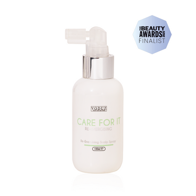 White bottle with silver pump labeled 'Care For It' by Voduz, on a white background with a 'PURE UK BEAUTY AWARDS 2025 FINALIST' Awards Badge.
