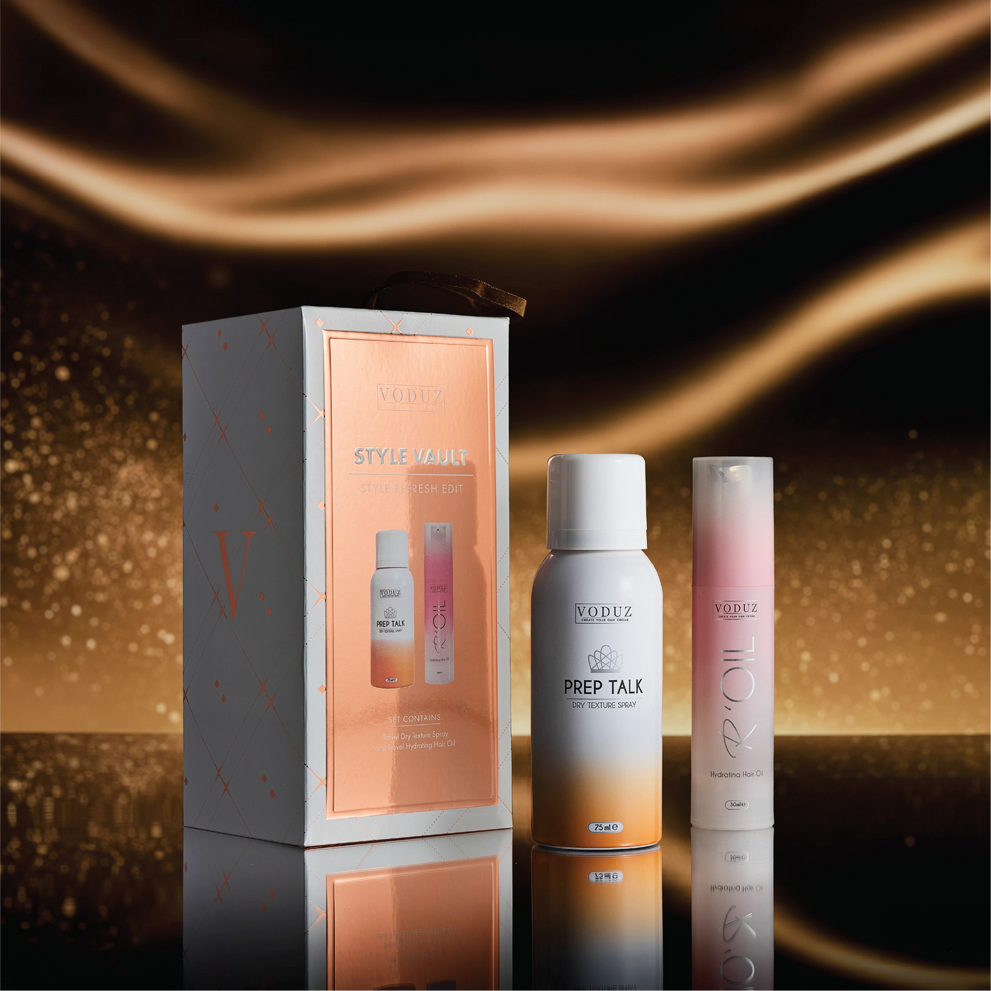 Voduz Style Vault hair care product set with a box on a dark background