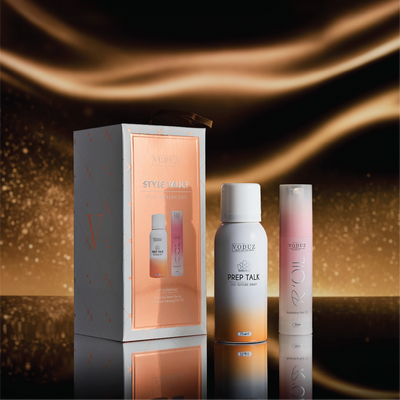 Voduz Style Vault hair care product set with a box on a dark background