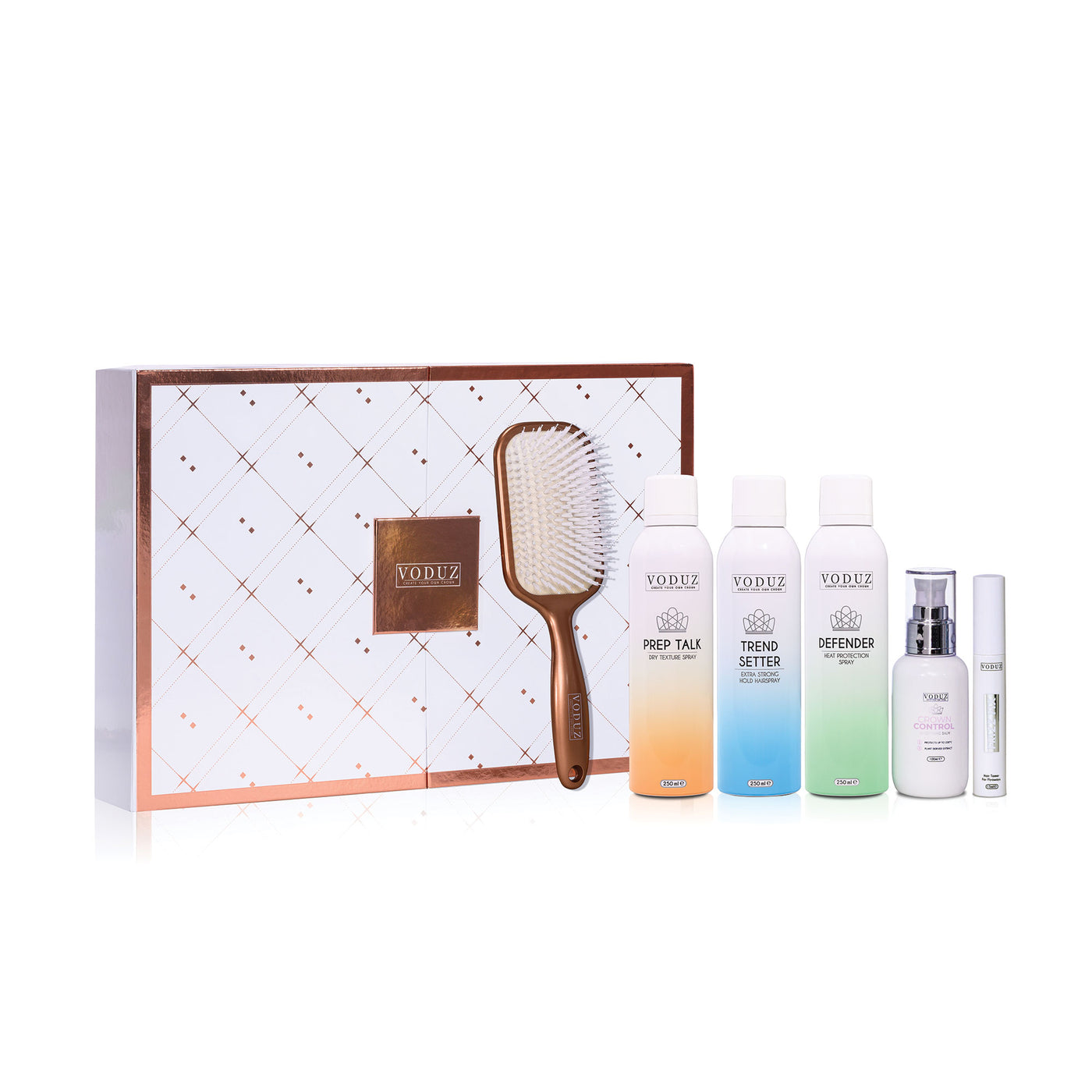 Vobez hair care product set with a paddle brush and four bottles on a white background