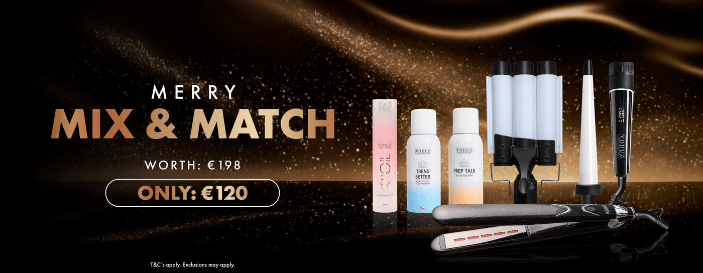 Voduz hair care product set with 'Merry Mix & Match' offer on a dark background