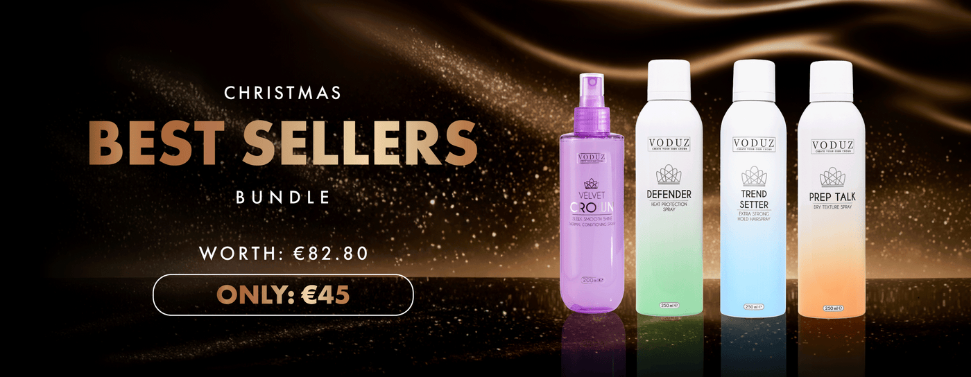 Voduz hair care products with a 'Christmas Best Sellers Bundle' offer on a dark background.